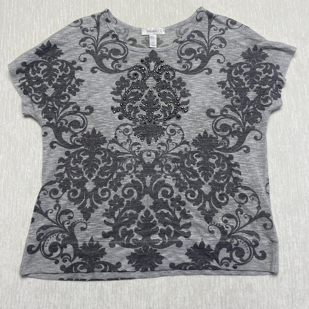 Dressbarn Embellished Metallic Top Womens Medium Gray Damask Cotton Cap Sleeve